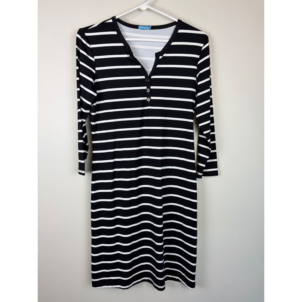 J McLaughlin Henley Dress Small‎ Black White Striped Catalina Cloth 3/4 Sleeve